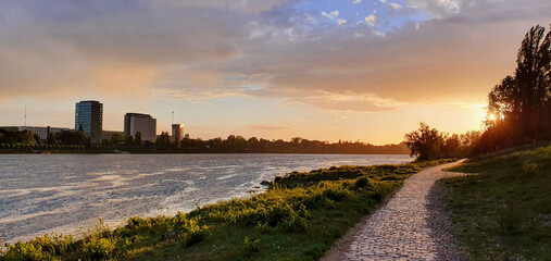 Bonn Germany May 2021 the Rhine just before sunset in beautiful colours    