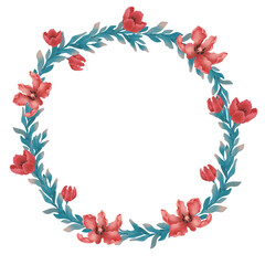 Fototapeta na wymiar Raster flower wreath. Floral illustration on white background. Botanical image can be used for wedding invitation, design template, greeting card, patterns fill.