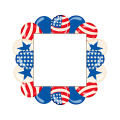 Square Frame for the Fourth of July Independence Day Poster with Shiny USA Flag Colored Balloons. Vector illustration