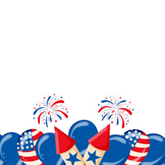 Border for the 4th of July with balloons, flag, and confetti. Festive border flat lay. Vector illustration.