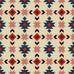 Colorful seamless Aztec pattern with geometric shapes decoration on beige background - 435575967