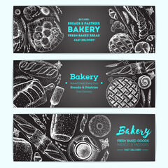 Bakery vector illustration. Vertical banner set. Hand drawn sketch with bread, pastry, sweet. Background template for design. Engraved food image.