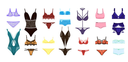 A collection of elegant lingerie or sexy lingerie. Set of female underwear isolated on white background. Colorful vector illustration in flat style