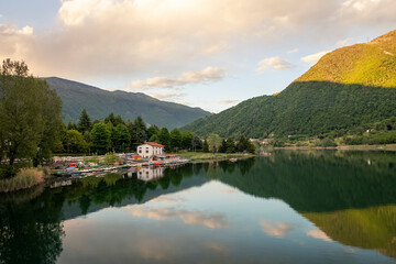Fototapeta na wymiar Panorama of Endine Lake , the lake is located near Bergamo in Cavallina Valley , Italy Lombardy.