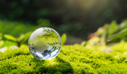 crystal globe glass resting on moss stone with sunshine in nature forset. eco  environment concept