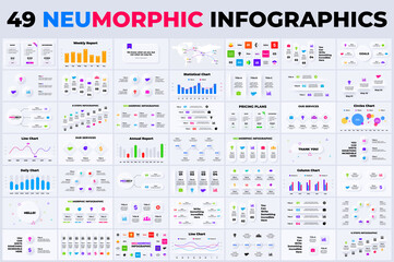 Neumorphic infographics collection. Vector business templates. Presentation graph. Circle diagram. 3, 4, 5, 6, 7, 8 steps.