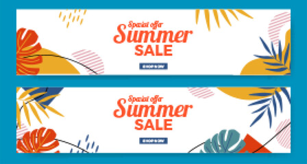 Fototapeta na wymiar Summer sale offer banner promotion with leaves jungle hipster memphis abstract