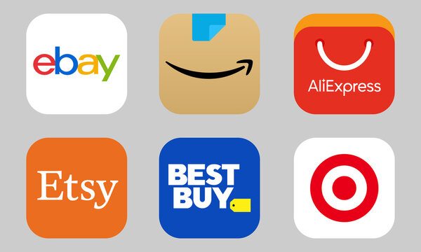 Vinnytsia, Ukraine - May 24, 2021: Popular online trading platforms companies logo. Amazon, Ebay, AliExpress, Best Buy, Walmart, Etsy and Target icons. Editorial vector. Online shopping platforms