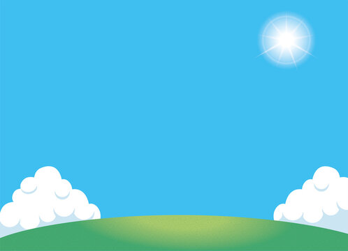 夏のイメージのイラスト背景素材　眩しい太陽と丘・小山と青空と白い雲文字スペース