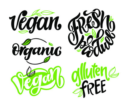 Organic food - Vegan - Glutten free - Fresh produce - cute hand drawn doodle lettering label.