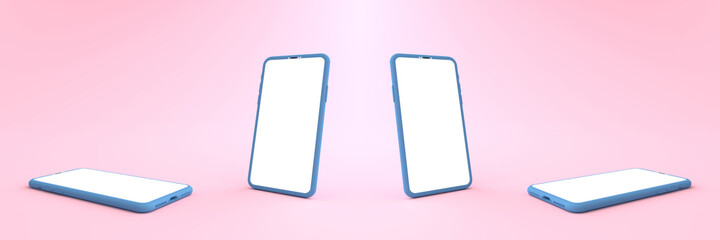 3D rendering of mockup blue smartphone white screen on pink floor, blue Mobile phone tilted and lay down on the ground. Smartphone white screen can be used for advertising,Isolated on pink background.