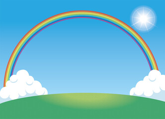 夏のイメージのイラスト背景素材　眩しい太陽と雲にかかった大きな虹と丘・小山と青空と白い雲