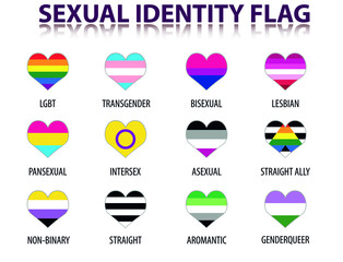 Set of flags of LGBT symbols in heart, pride of sexual identity, gay, transgender, bisexual, lesbian and others. icon made from hearts for social networks. Ideal for bloggers. Vector illustration