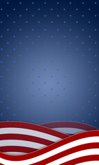 A waving red and white flag on a dark blue background with blue red and white stars on Independence Day. Festive graphic design. US Independence Day or Presidents ' Day star pattern in the colors of t