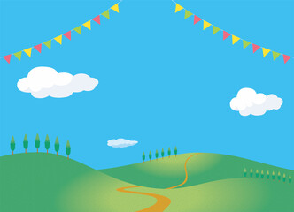 Fototapeta na wymiar 夏のイメージのイラスト背景素材　三角旗ガーランドと一本道の丘・小山と青空と白い雲