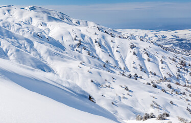Snowboarder rides on fresh snow against the backdrop of mountains and gorges