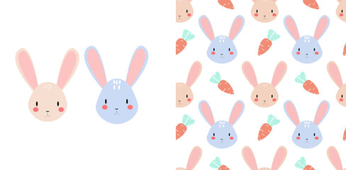 Cute seamless vector pattern with bunnies and carrot on white background. Childish illustration Scandinavian style hare .