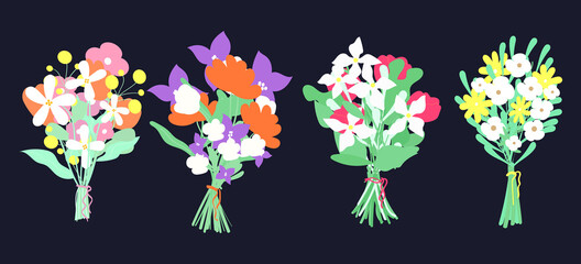 Set of different abstract bouquets of flowers isolated on a dark background.Vector floristic illustration in a modern style.