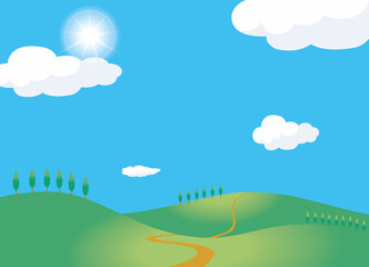Obraz na płótnie Canvas 夏のイメージのイラスト背景素材　眩しい太陽と一本道の丘・小山と青空と白い雲ポプラ並木