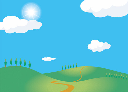 夏のイメージのイラスト背景素材　眩しい太陽と一本道の丘・小山と青空と白い雲ポプラ並木
