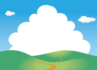 夏のイメージのイラスト背景素材 三角旗ガーランドと一本道の丘 小山と青空と白い雲 Wall Mural Globeds