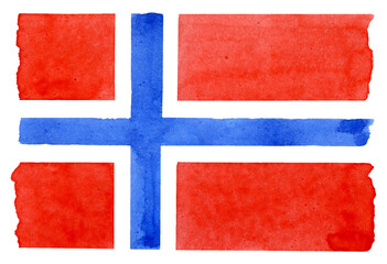 Hand drawn watercolor illustration of flag of Norway, isolated on white background. State symbol of Kingdom of Norway.