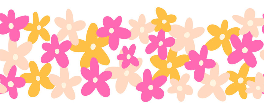 Flower border seamless vector. Cute simple doodle Scandi florals repeating horizontal pattern. Kids flower banner pink yellow white. Use for fabric trim, kids wear, footer, header, divider, banner.
