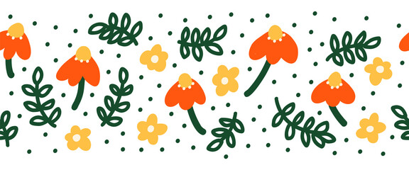 Simple Abstract hand drawn flowers and doodle leaves seamless border. Botanical Nature flowers and Leaves contemporary modern trendy Scandinavian vector Elements illustration for banner, trim, footer.