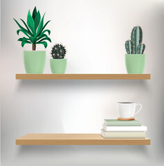  Vector wooden shelves with plants, books and coffee cup. Vector mockup for interior with shelves and light wall. 