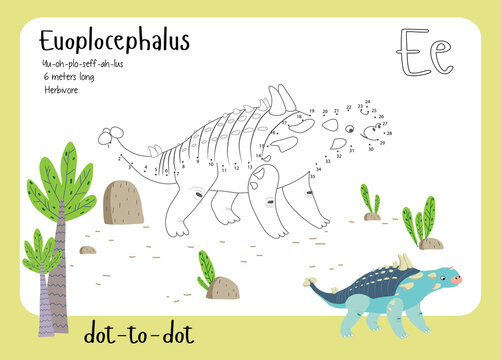 A dot by dot worksheet with dinosaur, name, facts and alphabet letter. Children's riddle.Coloring page for kids. Activity art game. Vector illustration. Set cards a-z dinosaur E. Euoplocephalus