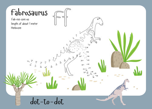 A dot by dot worksheet with dinosaur, name, facts and alphabet letter. Children's riddle.Coloring page for kids. Activity art game. Vector illustration. Set cards a-z dinosaur F. Fabrosaurus