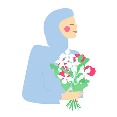 Vector woman with covered head in profile isolated on white background. A young Muslim woman in hijab holds a bouquet of flowers in her hands.