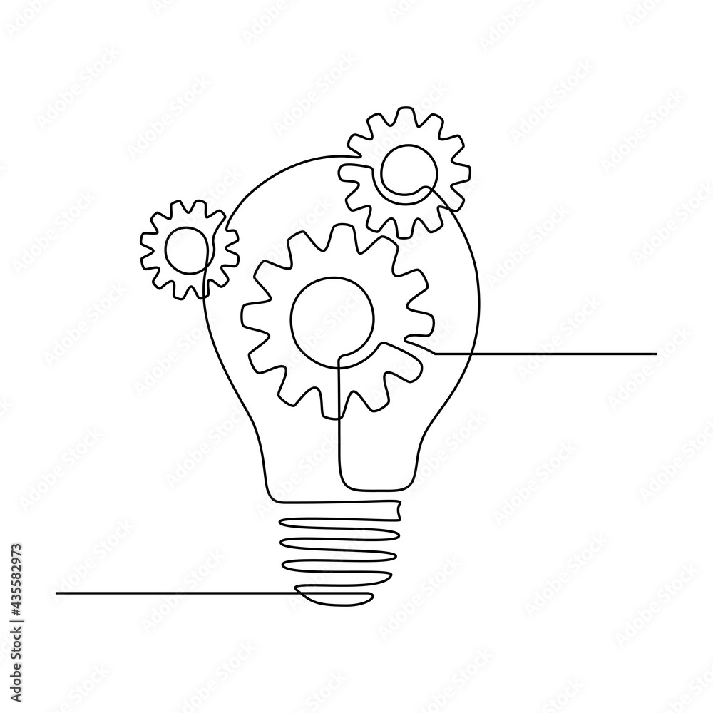 Poster light bulb with gear wheels in continuous line drawing for logo, emblem, web banner, presentation. c