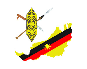 A vector of terabai, traditional Sarawakian shield. "Mandau" or "Ilang" sword, dagger used by warrior. Blowpipe use to hunt animal. Can be seen in traditional performance and "Gawai" festival.