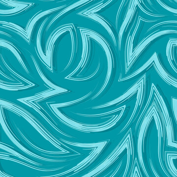 Turquoise vector seamless pattern of flowing brush strokes or watercolors in the form of corners and curls. Ocean texture.