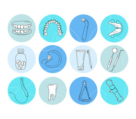 Dental tools and instruments set in doodle style.Medical blog.Round hand drawn highlights for social media in doodle style.Stomatological equipment for bite correction.Orthodontic prosthetics.Vector