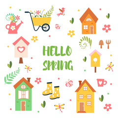 Obraz na płótnie Canvas Hello spring with lettering and elements: birds, house, birdhouse, butterfly, flowers, watering can, garden wheelbarrow, dragonfly. Hand drawn elements in flat style. Cute illustration.