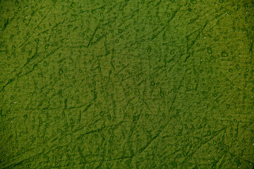 Crumpled fabric texture with water drops. Dew drop on green background