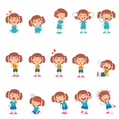 illustration isolation little girl in various poses with gestures and expressions. vector