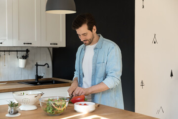 Handsome happy young caucasian man standing at wooden countertop, chopping fresh vegetables for vegetarian salad, cooking alone in modern kitchen, enjoying domestic hobby activity on weekend.