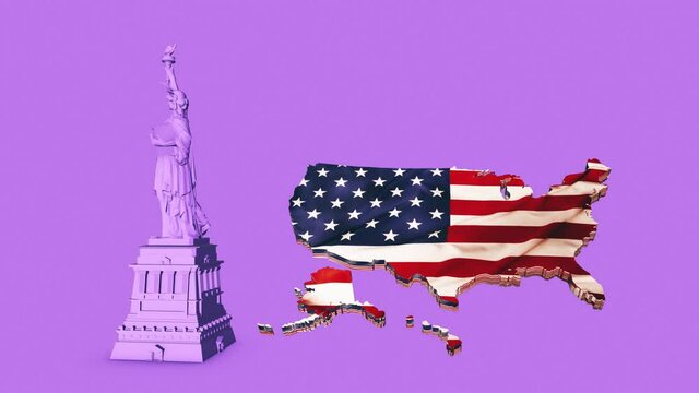 Purple of Liberty Set and us map, New York landmark, American symbol. 3D Render