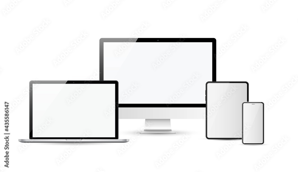 Poster devices in realistic trendy design on transparent background. set of computer laptop tablet and smar