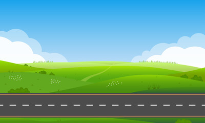 Fototapeta premium Road or highway in nature landscape with green grass, hills and blue sky. Summer or spring countryside background. Vector illustration.