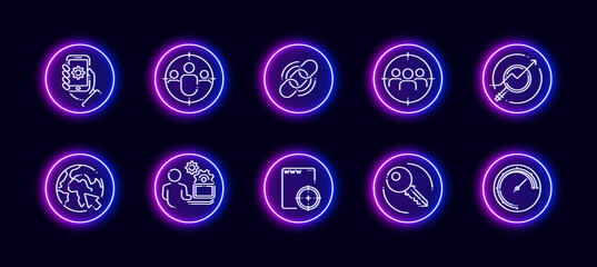 10 in 1 vector icons set related to seo link optimization theme. Lineart vector icons in neon glow style