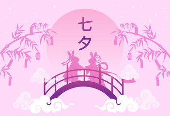 Tanabata Festival or Qixi Festival. Vector illustration of cute rabbits symbolizing the annual meeting of the shepherd and the weaver.