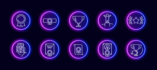10 in 1 vector icons set related to winner award theme. Lineart vector icons in neon glow style