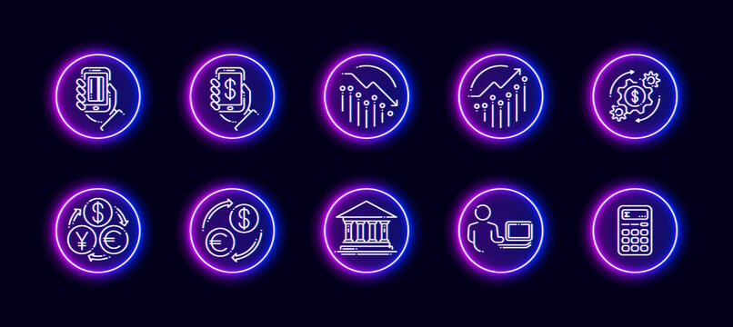 10 in 1 vector icons set related to money trade theme. Lineart vector icons in neon glow style