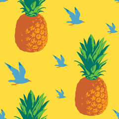 Vector seamless pattern with flying seagulls and pineapples on a yellow backdrop. Bright decorative repeatable background, suitable for wallpaper, wrapping paper, fabric, textile, summer design