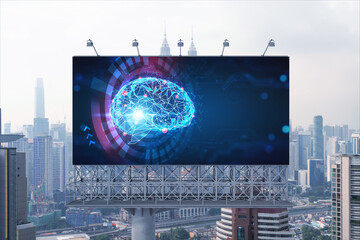 Brain hologram on billboard with Kuala Lumpur cityscape background at day time. Street advertising poster. Front view. KL is the largest science hub in Malaysia, Asia. Coding and high-tech science.