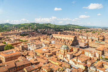 Fototapeta na wymiar Aerial view of Bologna with the beautiful Maggiore Square and the tower